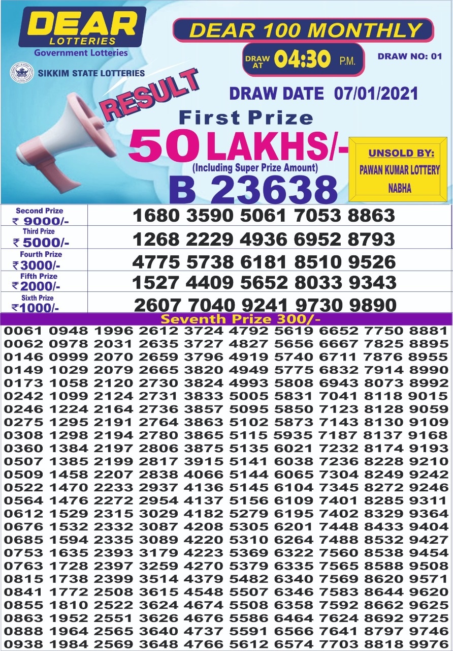 DEAR 100 MONTHLY 4.30PM LOTTERY 7-01-2021
