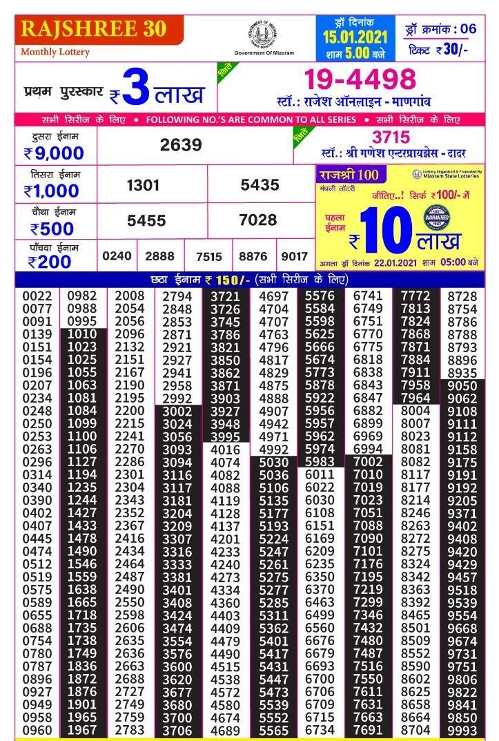 RAJSHREE30 5PM MONTHLY LOTTERY 15.1.2021