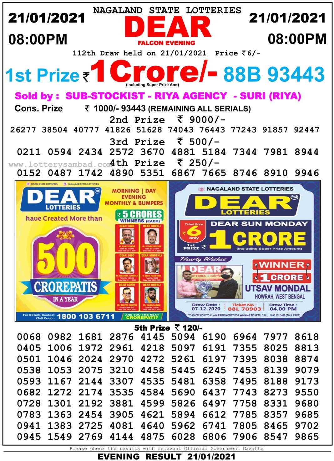 DEAR DAILY 8PM LOTTERY RESULT 21.1.2021