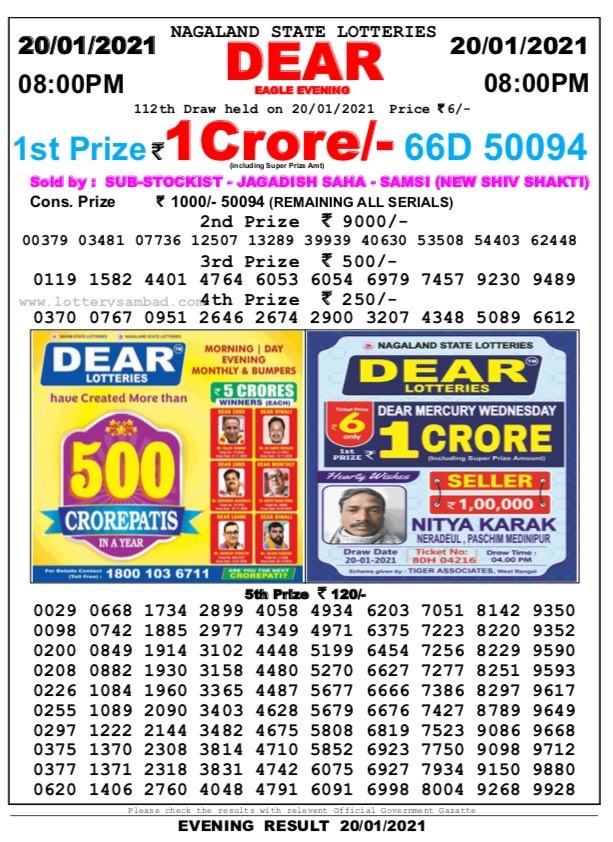DEAR DAILY 8PM LOTTERY RESULT 20.1.2021