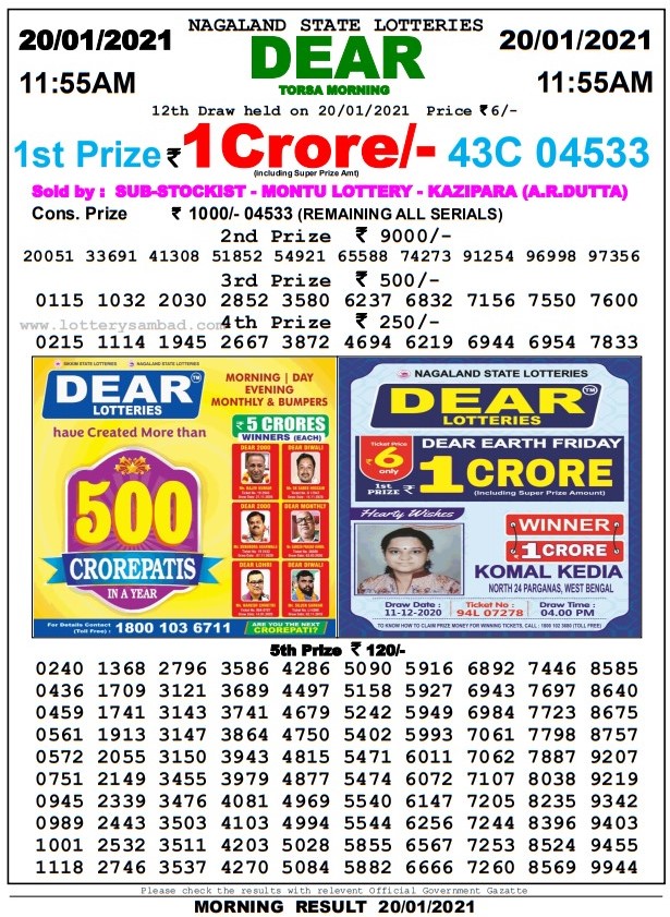 DEAR DAILY 1155AM LOTTERY RESULT 20.1.2021