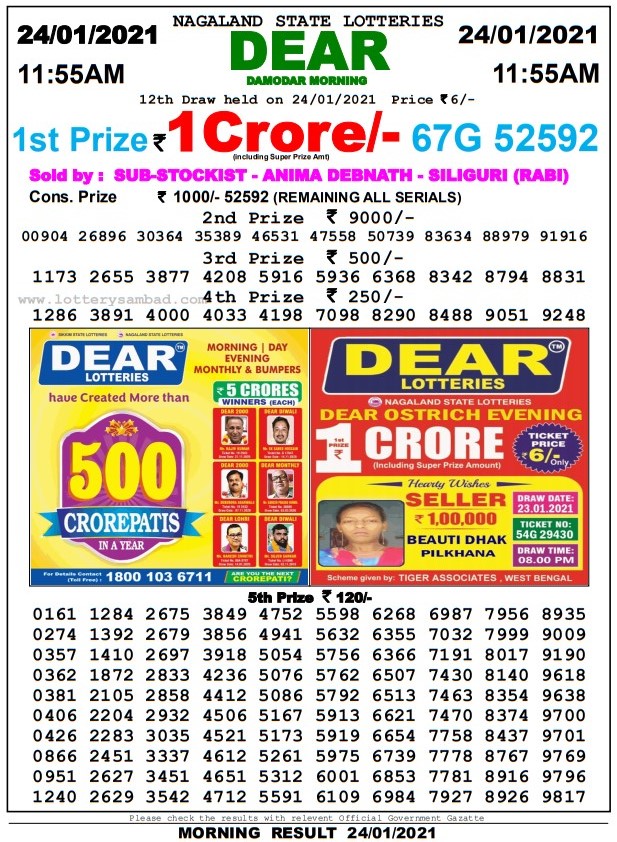 DEAR DAILY 1155AM LOTTERY RESULT 24.1.2021