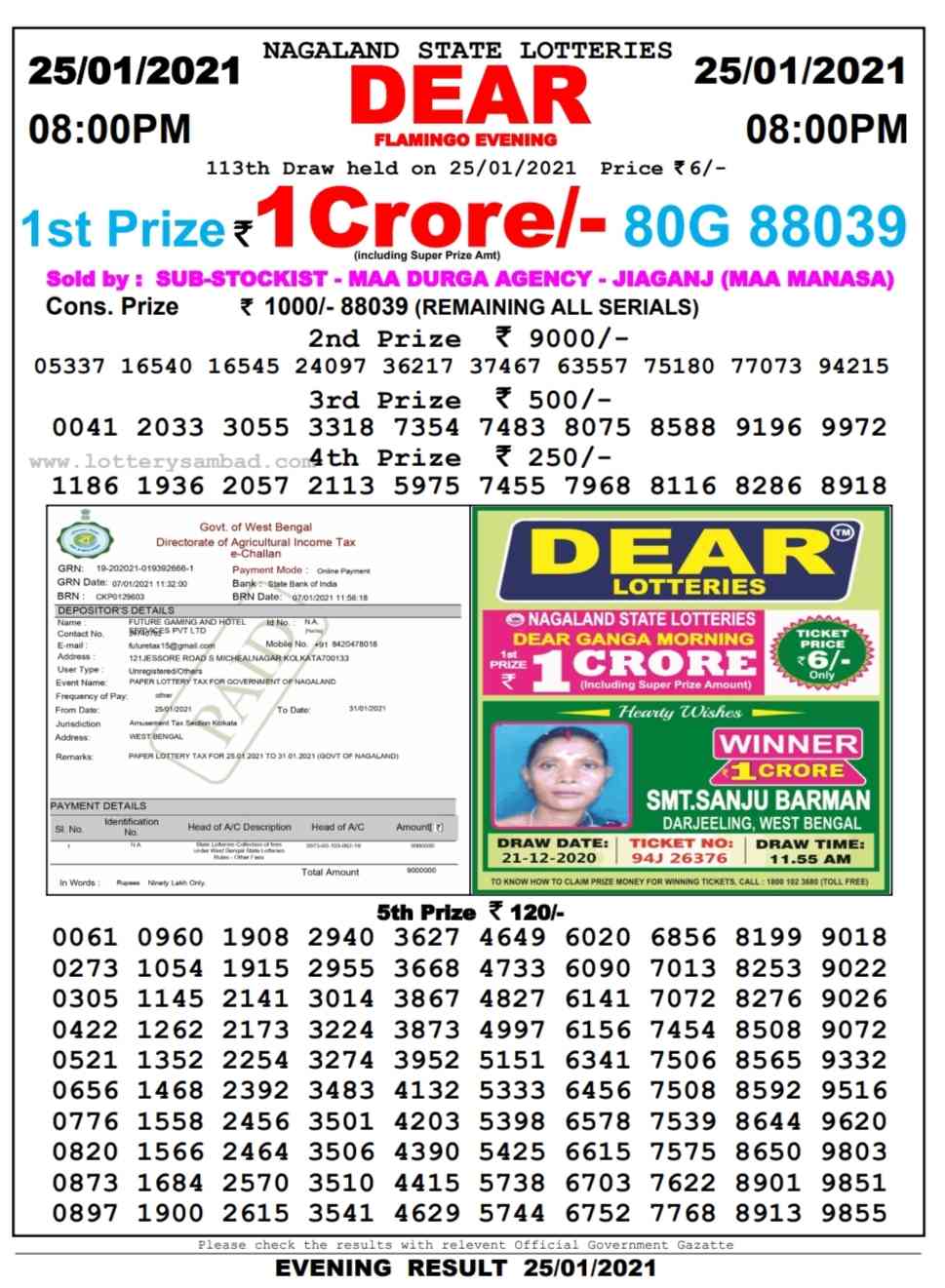 DEAR DAILY 8PM LOTTERY RESULT 25.1.2021