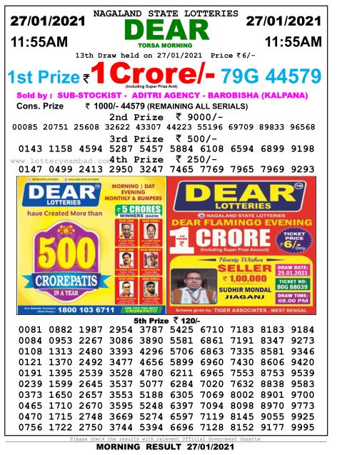 DEAR DAILY 1155AM LOTTERY RESULT 27.1.2021