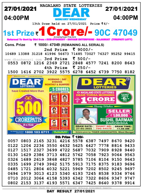 DEAR DAILY 4PM LOTTERY RESULT 27.1.2021