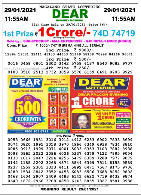 DEAR DAILY 1155AM LOTTERY RESULT 29.1.2021