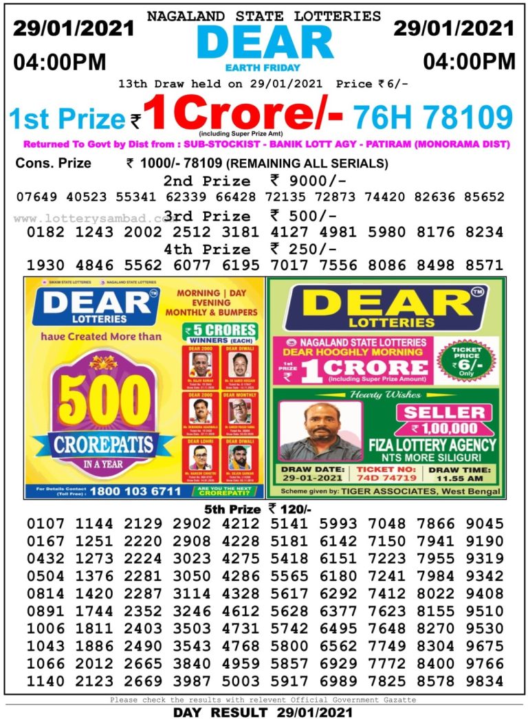 DEAR DAILY 4PM LOTTERY RESULT 29.1.2021