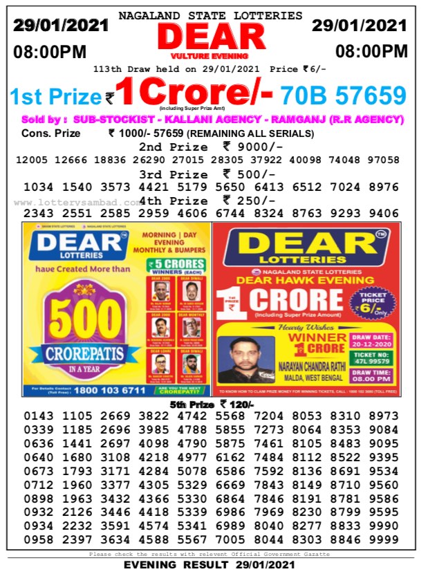 DEAR DAILY 8PM LOTTERY RESULT 29.1.2021