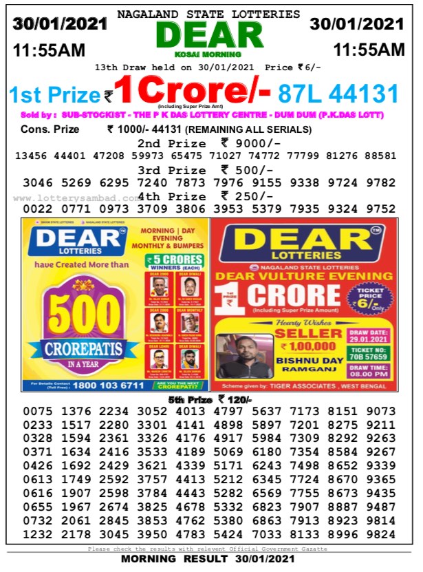 DEAR DAILY 1155AM LOTTERY RESULT 30.1.2021