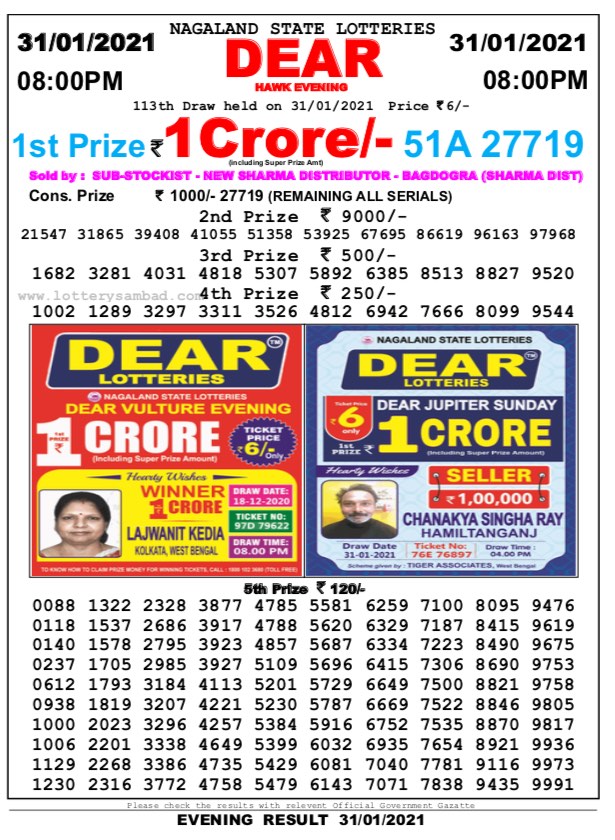 DEAR DAILY 8PM LOTTERY RESULT 31.1.2021