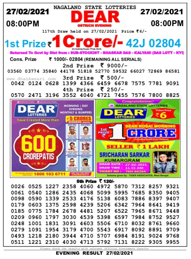 DEAR DAILY 8 PM LOTTERY RESULT 27.2.2021