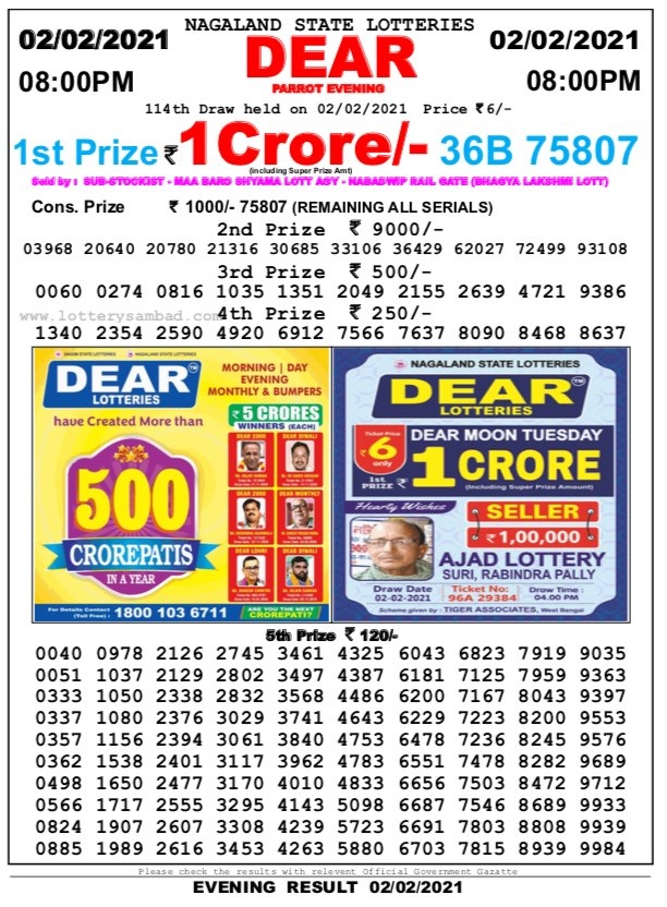 DEAR DAILY 8:00 PM LOTTERY RESULTS 02.2.2021