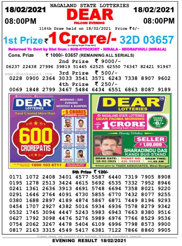 DEAR DAILY 8 PM LOTTERY RESULTS 18.2.2021
