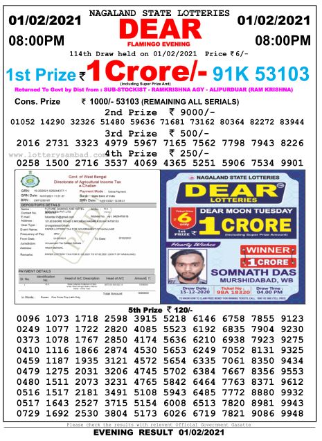 DEAR DAILY 8PM LOTTERY RESULT 01.2.2021