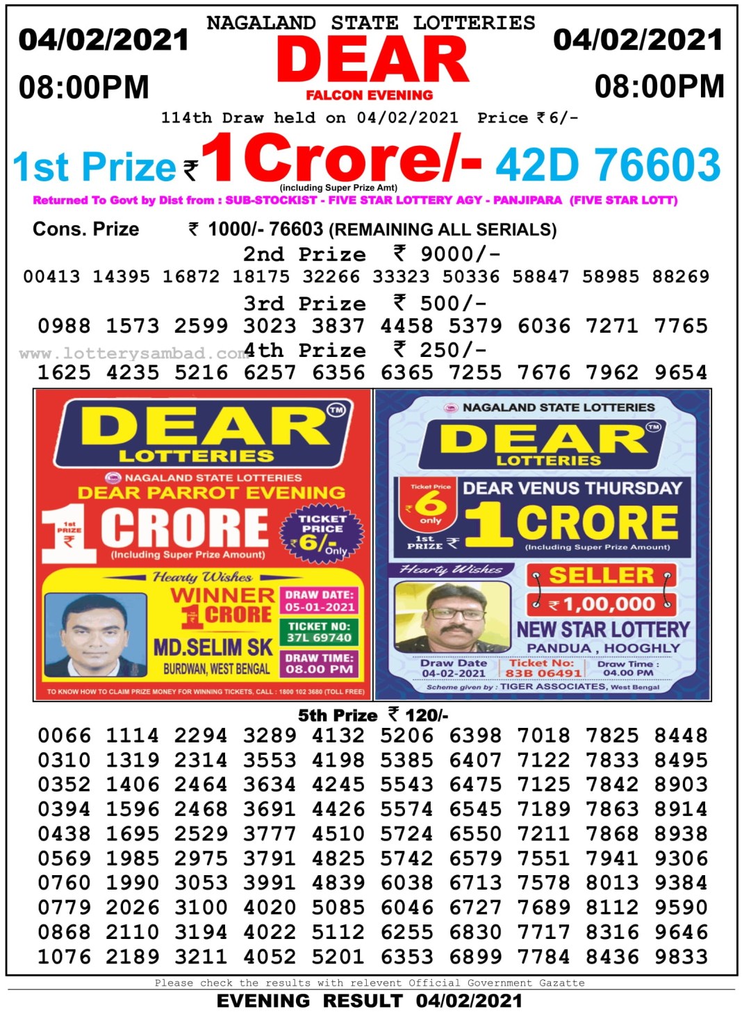 DEAR DAILY 8PM LOTTERY RESULT 4.2.2021