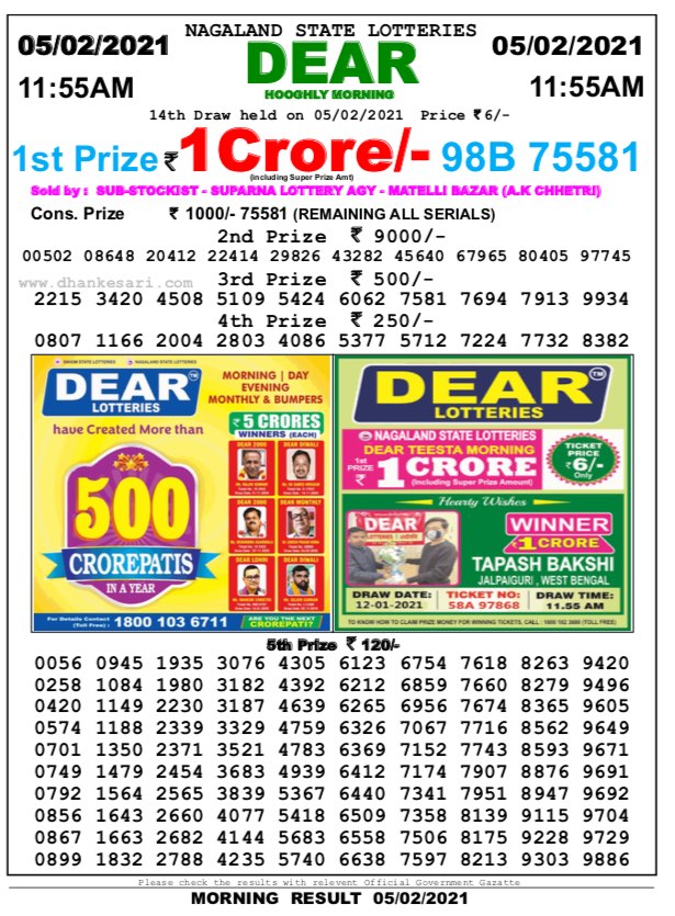 DEAR DAILY 1155AM LOTTERY RESULT 5.2.2021