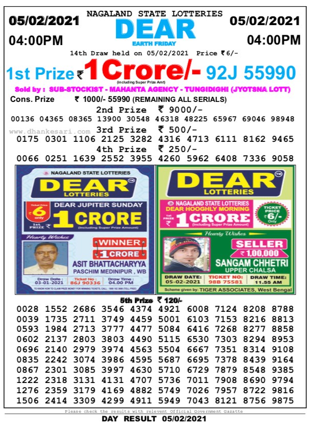 DEAR DAILY 4PM LOTTERY RESULT 5.2.2021