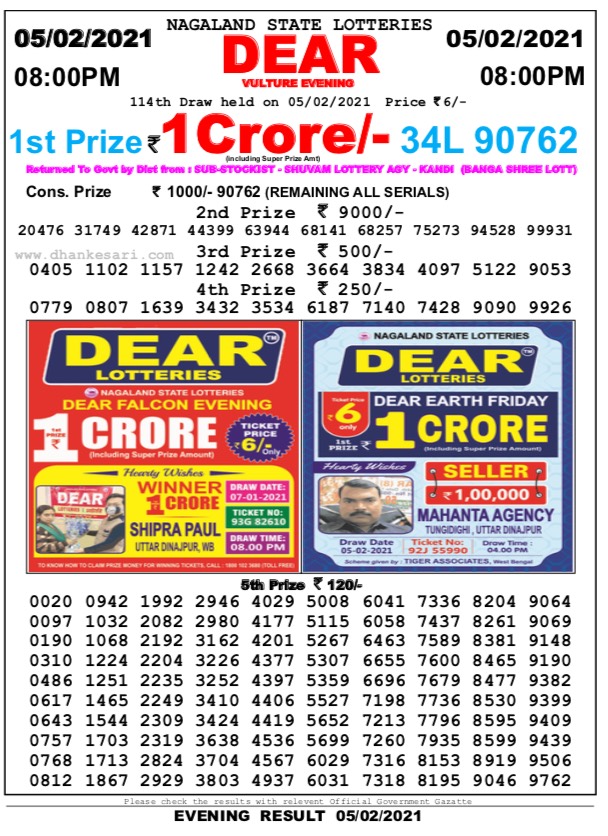 DEAR DAILY 8PM LOTTERY RESULT 5.2.2021