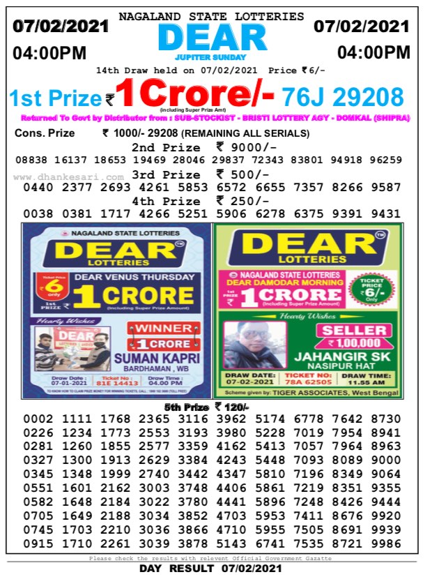 DEAR DAILY 4PM LOTTERY RESULT 7.2.2021