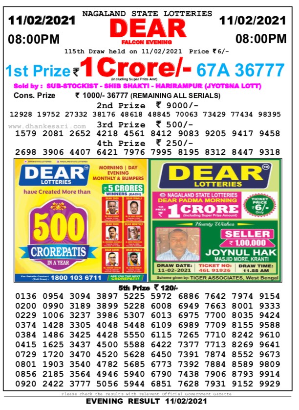 DEAR DAILY 8PM LOTTERY RESULT 11.2.2021