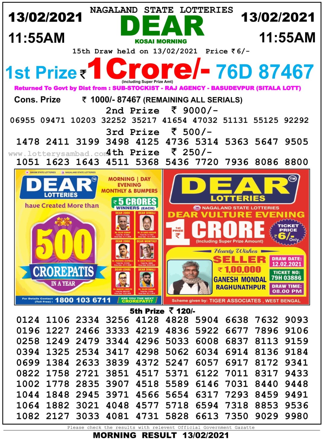 DEAR DAILY 1155AM LOTTERY RESULT 13.2.2021