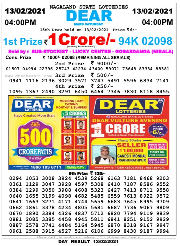 DEAR DAILY 4PM LOTTERY RESULT 13.2.2021