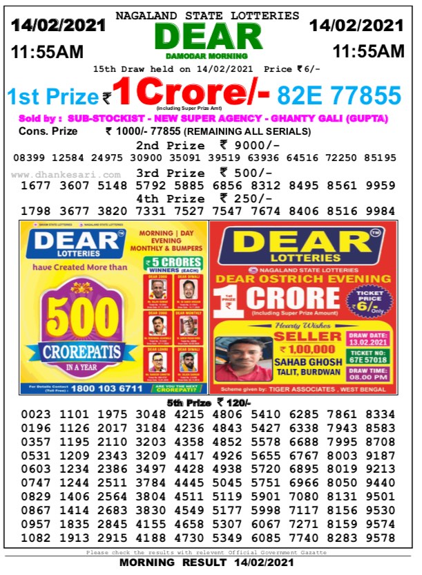 DEAR DAILY 1155AM LOTTERY RESULT 14.2.2021