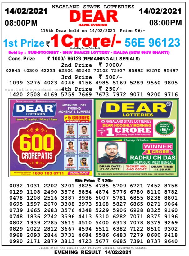 DEAR DAILY 8PM LOTTERY RESULT 14.2.2021
