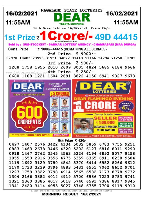 DEAR DAILY 1155AM LOTTERY RESULT 16.2.2021