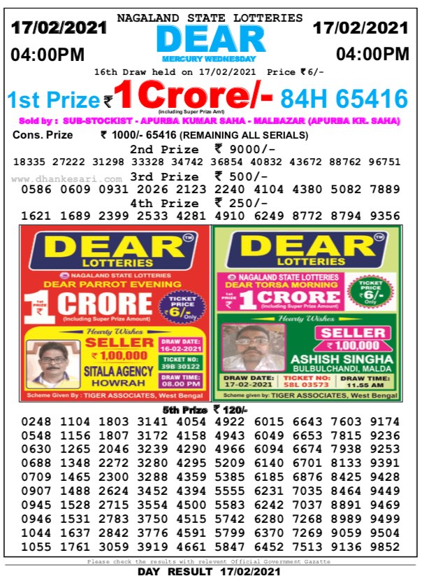 DEAR DAILY 4PM LOTTEY RESULT 17.2.2021