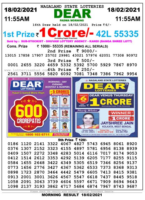 DEAR DAILY 1155AM LOTTERY RESULT 18.2.2021