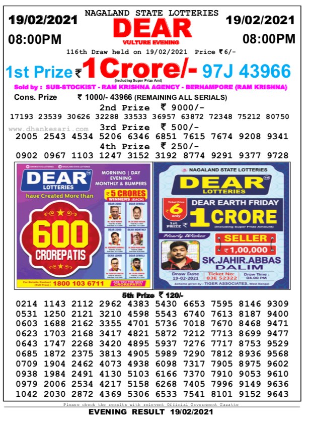 DEAR DAILY 8PM LOTTERY RESULT 19.2.2021