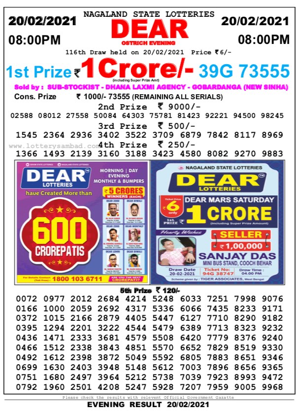 DEAR DAILY 8PM LOTTERY RESULT 20.2.2021