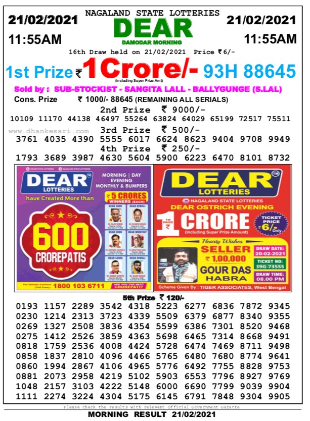 DEAR DAILY 1155AM LOTTERY RESULT 21.2.2021