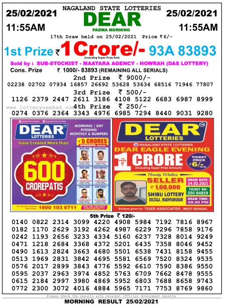 DEAR DAILY 1155AM LOTTERY RESULT 25.2.2021