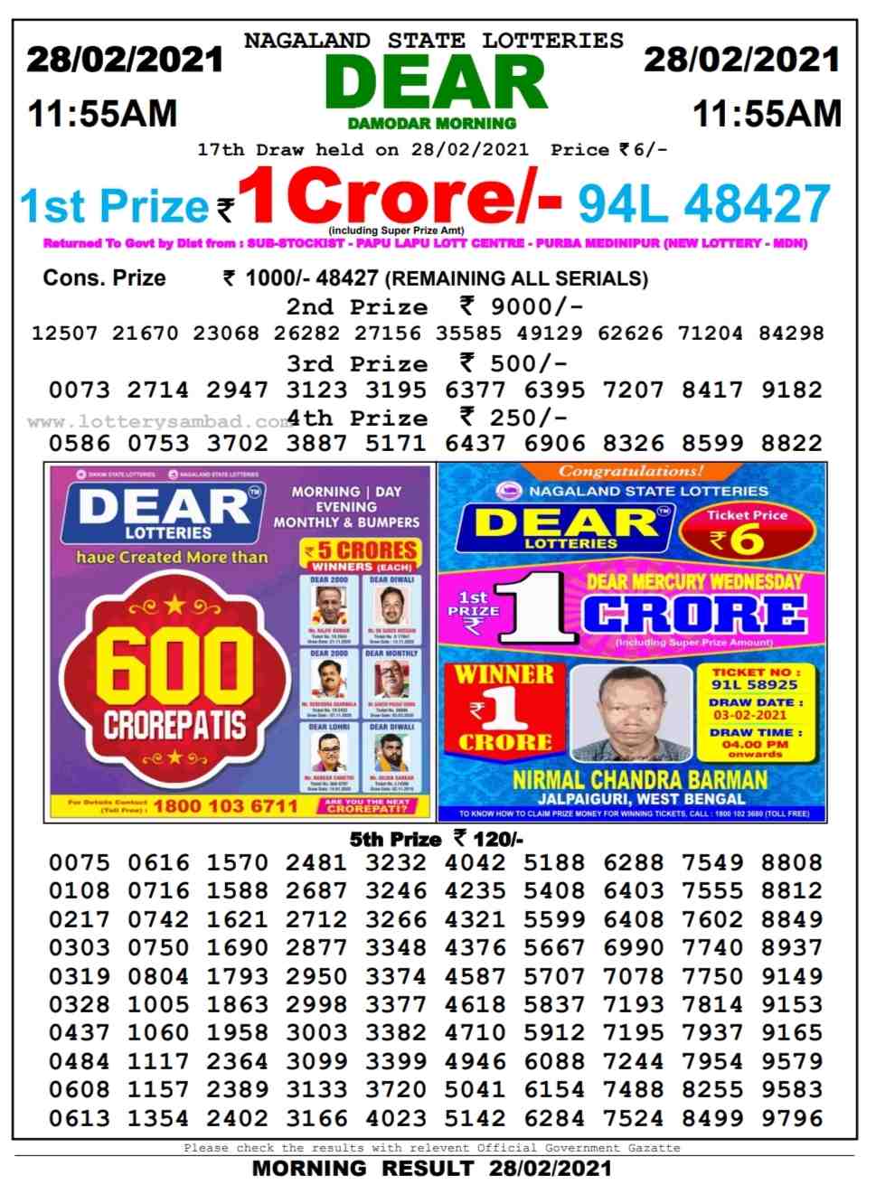 DEAR DAILY 1155AM LOTTERY RESULT 28.2.2021