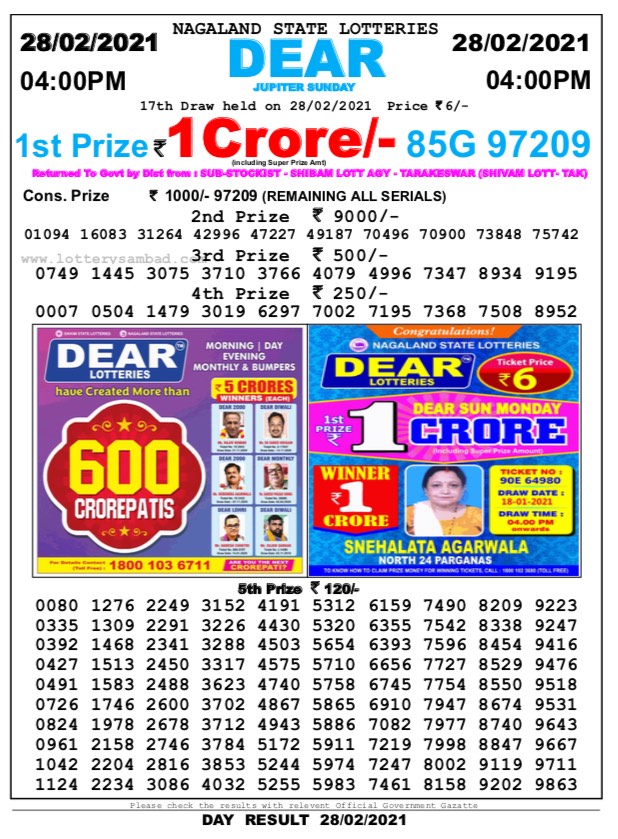 DEAR DAILY 4 PM LOTTERY RESULT 28.2.2021