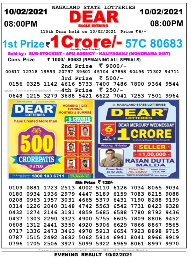 DEAR DAILY 8PM LOTTERY RESULT 10.2.2021