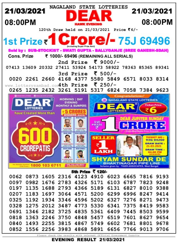 DEAR DAILY 8 PM LOTTERY RESULT 21.3.2021