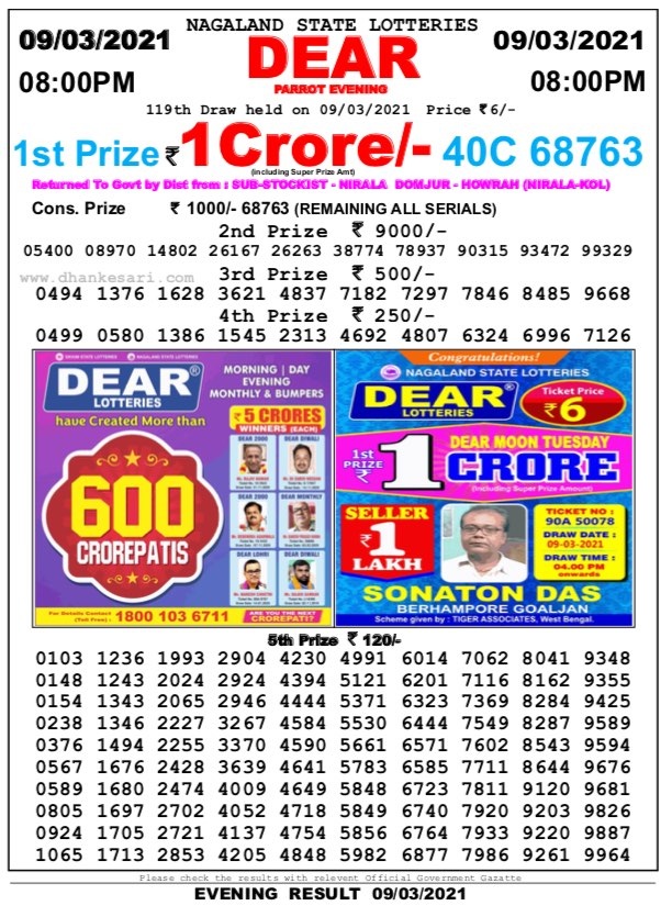 DEAR DAILY 8 PM LOTTERY RESULT 9.3.2021