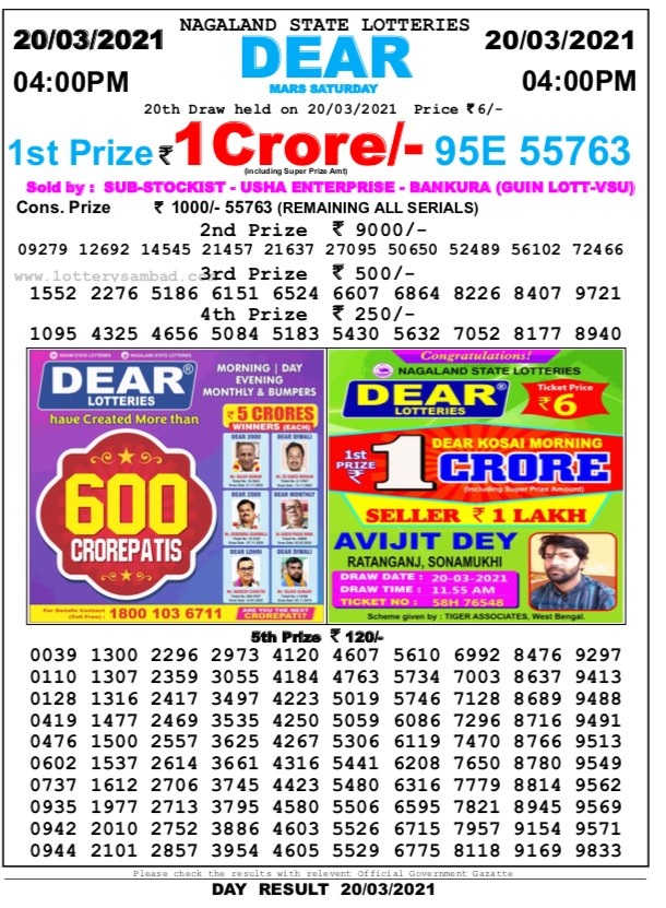 DEAR DAILY 4:00 PM LOTTERY RESULT 20.3.2021