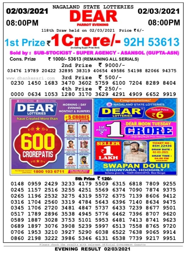 DEAR DAILY 8 PM LOTTERY RESULT 02-03-2021