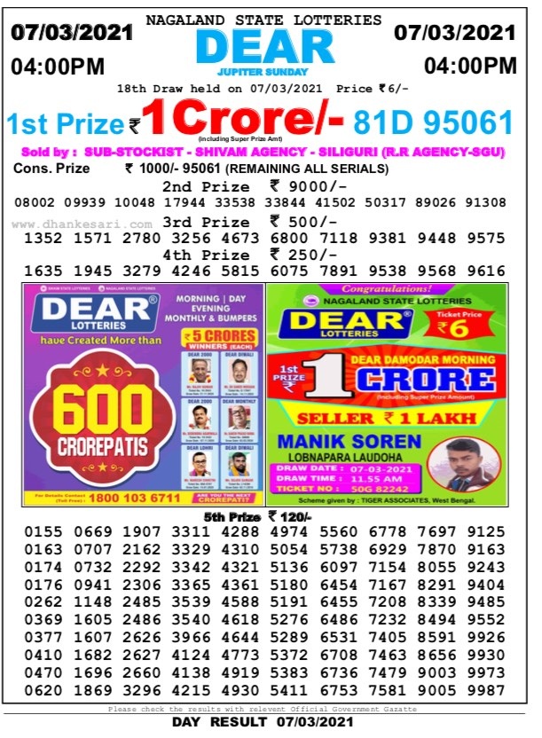 DEAR DAILY 4 PM LOTTERY RESULT 7.3.2021