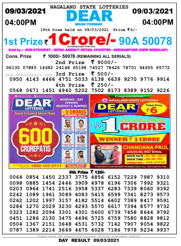DEAR DAILY 4PM LOTTERY RESULT 09.03.2021
