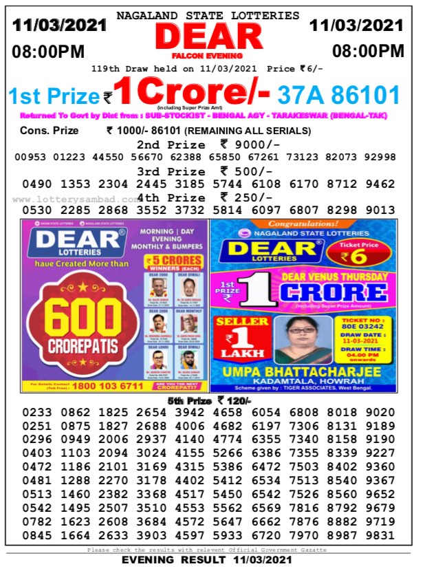 DEAR DAILY 8PM LOTTERY RESULT 11.03.2021