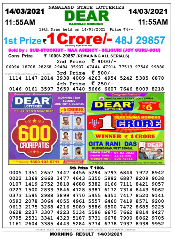 DEAR DAILY 1155AM LOTTERY RESULT 14.03.2021
