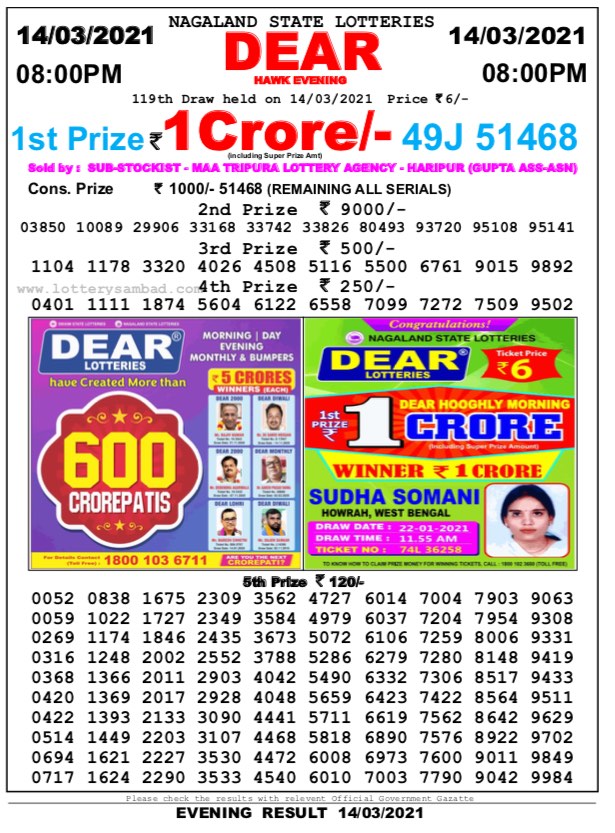 DEAR DAILY 8PM LOTTERY RESULT 14.03.2021