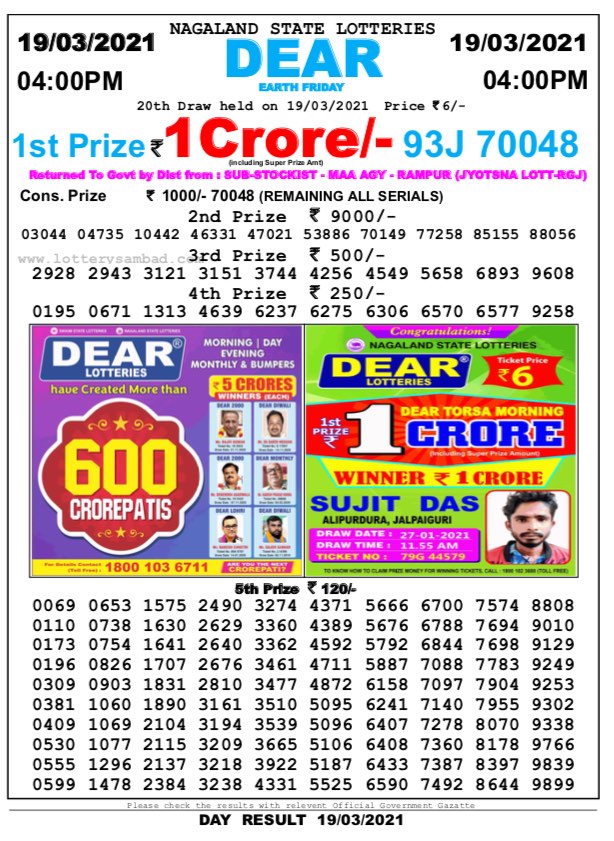 DEAR DAILY 4PM LOTTERY RESULT 19.03.2021