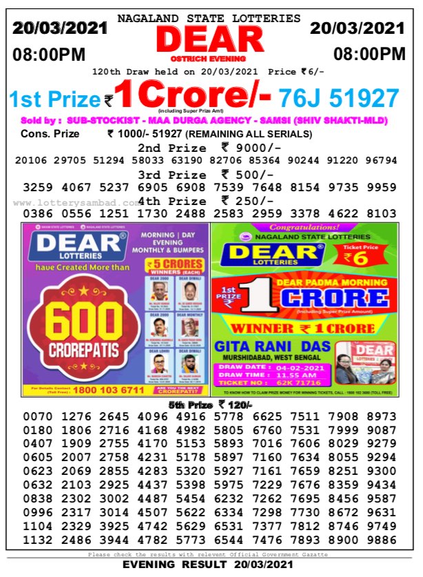 DEAR DAILY 8PM LOTTERY RESULT 20.03.2021
