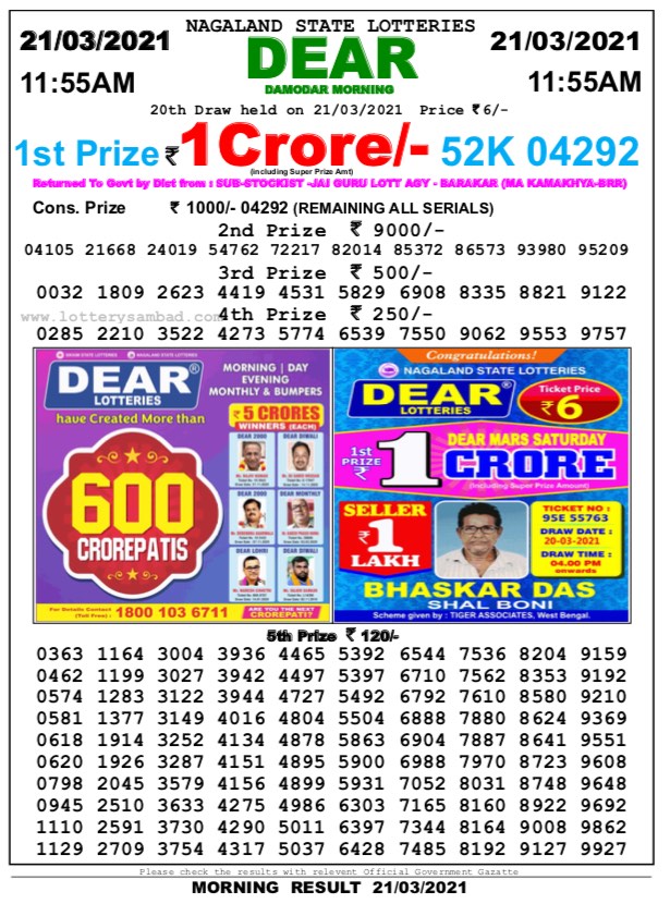 DEAR DAILY 1155AM LOTTERY RESULT 21.03.2021